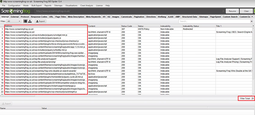 Content Audit via Screaming Frog