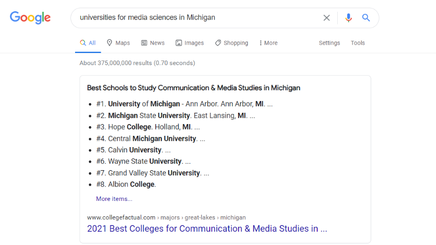 Google Search for Universities for media sciences in michigan