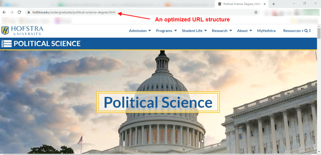Hofstra university optimized URL structure