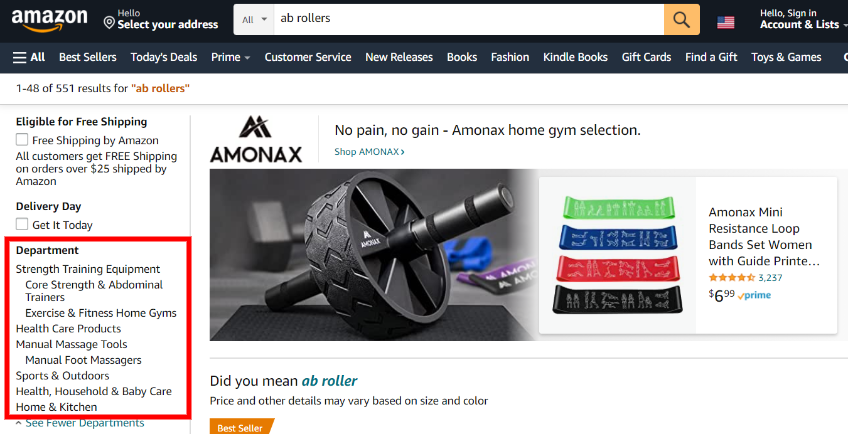 Ab roller Amazon categories example