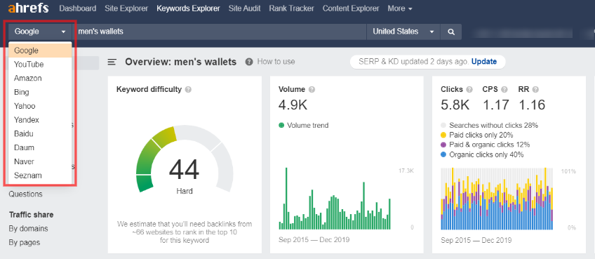 ahref's drop down to select search engines